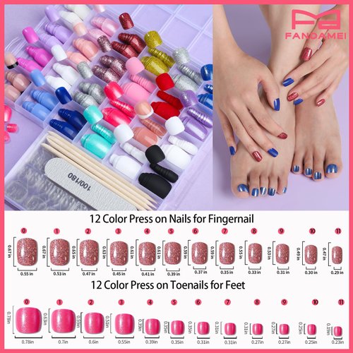 FANDAMEI 24 Color Press on Nails, 12 Color Press on Nails for Fingernail, 12 Color Press on Toenails for Feet, Press on Nails Short with Press on Toenails Short Kit. Natural Fit Lightweight Fake Nails