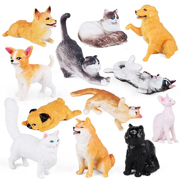 SIENON 12PCS Dog and Cat Figurines Realistic Plastic Pet Puppy Kitten Animal Figures Educational Toys for Kids Toddles Cake Topper Birthday Christmas Party Diorama School Project