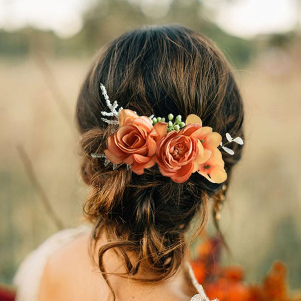 Fangsen Boho Autumn Wedding Silvery Orange Rose Bridal Headpiece Christmas Festival Headpiece Women Girls Party