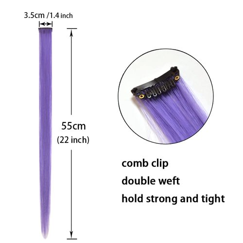 10 Pcs Colored Hair Extensions 22 Inch Colored Hair Clips Straight Synthetic Hairpieces Party Highlights Clip for Women Kids Girls (Straight Purple)