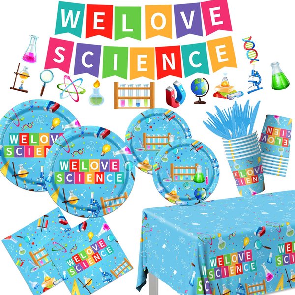 Science Party Decorations,142pcs Science Party Tableware Include Science Birthday Party Plates and Napkins Cup Tablecloth for Science Party Supplies