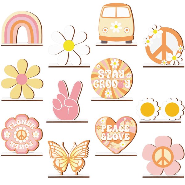 ​​Pinkunn 12 Pcs Groovy Party Decorations Two Groovy Party Favors Bohemian Wooden Centerpieces for Tables Retro Hippie Table Decoration Rainbow Boho Daisy Table Topper for 60s 70s Birthday Decorations