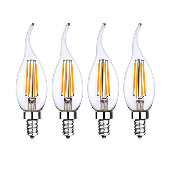 SHUWDKAR Low Voltage 12V 24V Candelabra E12 Base LED Light Bulb Flame Tip 40Watt Equivalent Warm White 2700k for 12volt Landscape Lighting RV Camper Marine Boat Solar Battery use 4 Pack
