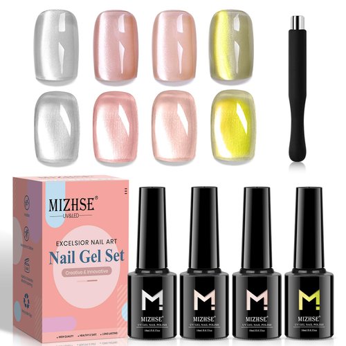 MIZHSE Magnetic Cat Eye Gel Polish For Nail 10ml, Shimmer Moonlight Crystal Cateye Gel with Magnet Stick Gold Silver Gloss Aurora Manicure Set for Ladies 4 Color