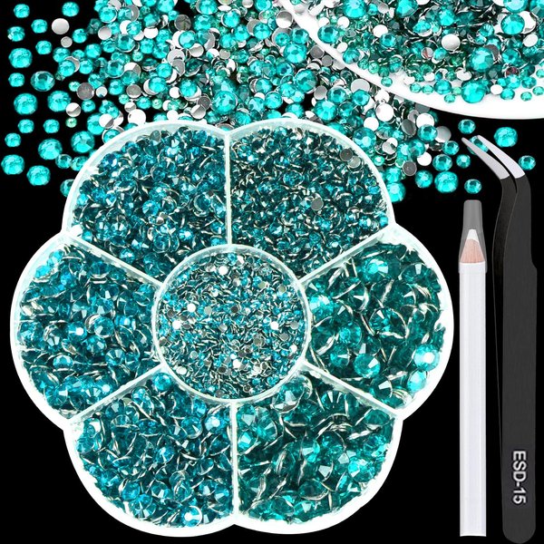 BELICEY 6000Pcs Resin Rhinestones for Crafting 2/3/4/5/6mm Lake Blue Flatback Round Crystal Gems Beads for DIY Nail Art Makeup Crafts Clothes Tumblers Decoration with Tweezers and Picking Pen