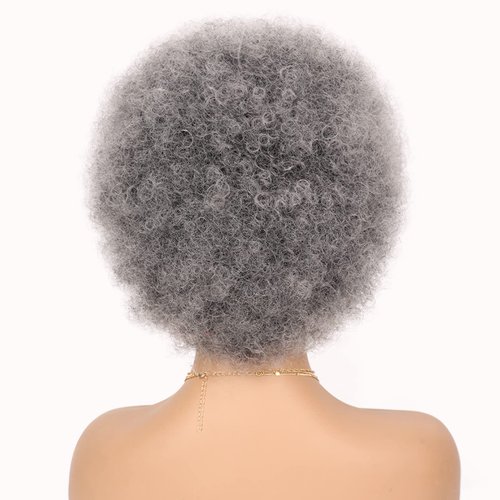 G&T Wig Afro Puff Wigs for Black White Women, Afro Curly Wigs Dark Roots Natural Looking Full Wigs for Daily Party Use(1B/Grey)