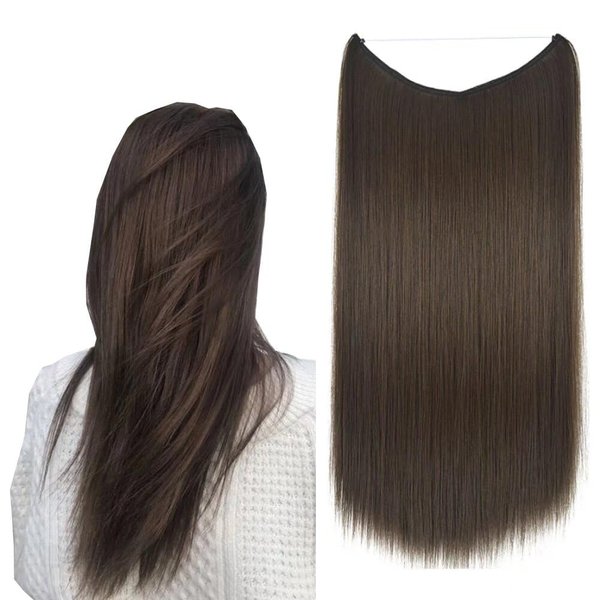 iLUU Hidden Invisible String Synthetic Hair Extensions One Piece Secret Wire Hairpiece With Transparent Fish Line No Clips No Tape #8 Black Brown Color 22" 80g Natural Hair for Women Girl