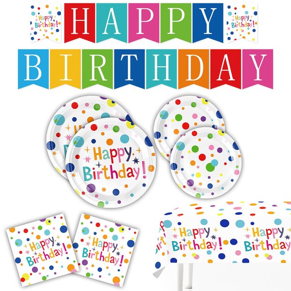 Happy Birthday Decorations-Kids' Birthday Party Supplies with Dots Design, Party Supplies Set Includes Disposable Paper Happy Birthday Plates Tablecloth, and Banner for Boys/Girls, Serves 20.