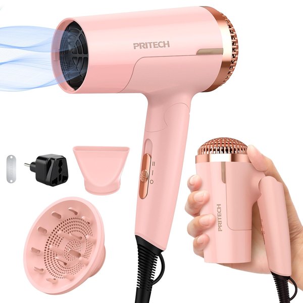 Travel Diffuser Hair Dryer, PRITECH Dual Voltage Hair Dryer with Diffuser,Foldable Mini Compact Blow Dryer with Concentrator,1200W Hairdryer Professional with European Plug for Worldwide Use