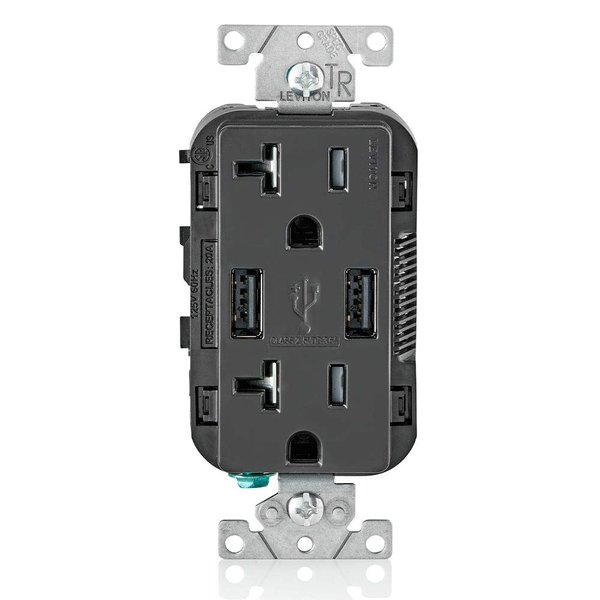 Leviton T5832-E Type-A USB In-Wall Charger with 20A Tamper-Resistant Outlet, USB Charger for Smartphones, Black