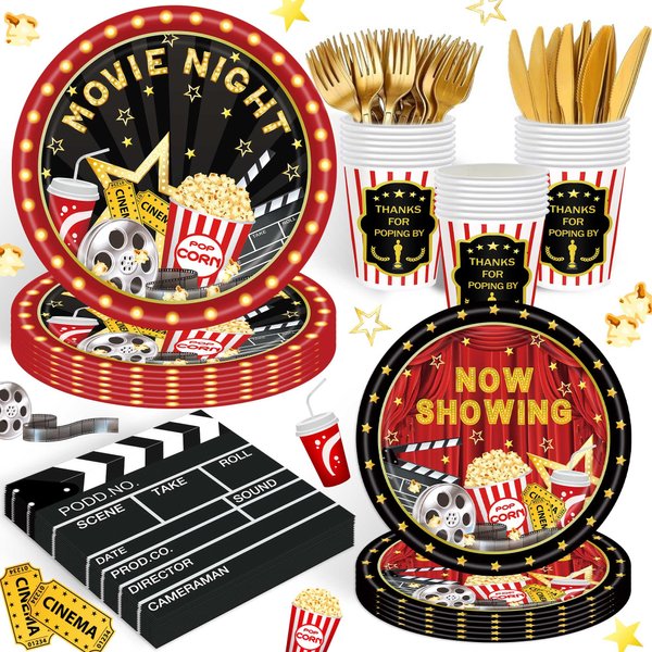 120PCS Movie Night Party Supplies for Man Womam Movie Theme Birthday Party Decorations Hollywood Movie Star Party Disposable Tableware Set Plates Napkin Cups Set for 20 Guests