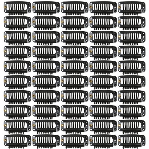 50 Pcs Hair Extension Clips 32mm 9-teeth Wig Clips Metal Snap Hair Clips with Rubber Silicone Back for Wigs Hairpiece Accessories DIY Clips (Black)