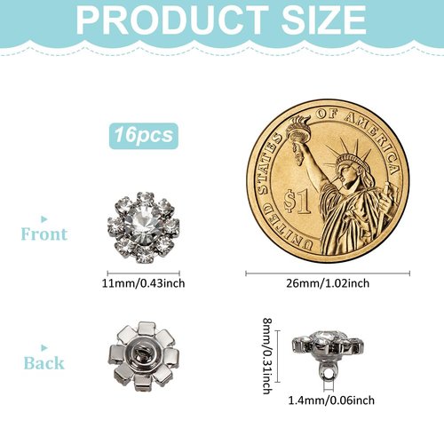 FINGERINSPIRE 16 PCS Rhinestone Brass Shank Buttons 11mm in Diameter Decorative Crystal Rhinestone Buttons Reusable Gunmetal Brass Flower Shape Embellishment for Sewing DIY Crafts Clothes Decoration