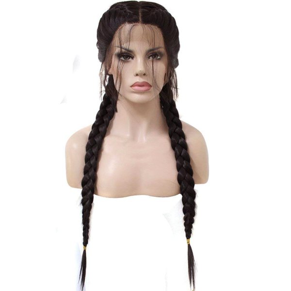 Anogol Hair Cap+Long Double Braids 2# Natural Black Synthetic Braided Lace Front Wig with Baby Hair Wigs Heat Resistant Fiber Middle Part