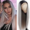 Lezaxiu Gray Lace Front Wig Long Straight Hair Wigs Ombre Grey Wig Heat Resistant Fiber Hair Synthetic Lace Front Wigs for Fashion Women 24 Inch