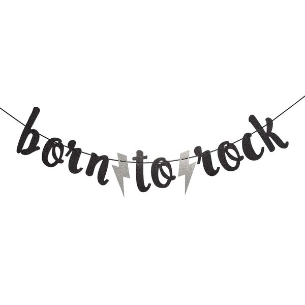 Born to Rock Glitter Banner for Rock Birthday Party Decorations (Black)