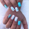 MERVF Square Press on Nails Medium Fake Nails Blue White Squoval Acrylic Nails with Glitter Lines Design 24pcs Glossy Neon Glue on Nails Press ons