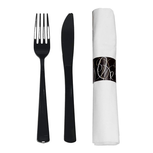 Party Essentials Party Supplies Wrapped Silverware Set Disposable, Pre Rolled Napkin and Cutlery, Forks/Knives Black, 50 Units
