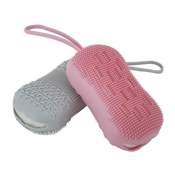 Serenity Select 2 Exfoliating Silicone Body Sponges, Double-Sided Bath or Shower Body Brush, Silicon Loofah/Built-in Sponge – Cleans & Stimulates Circulation. Christmas Stocking, Hanukkah- Pink/Gray