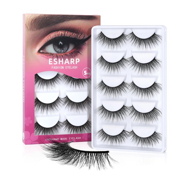 False Eyelashes 3D Volume Faux Mink Lashes 15mm Natural Wispy Handmade Lashes Soft Comfortable 5 Pairs Strip Lashes Pack by ESHARP
