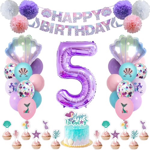 SKRCUI Mermaid Birthday Decorations Little Mermaid Party Decorations Mermaid Party Supplies Set with Mermaid Shell,Banner,Cake Topper,Pom Poms Flowers,Latex Balloons and Number 5 Balloon for Girls