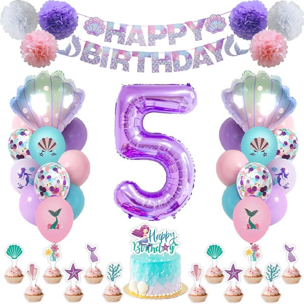 SKRCUI Mermaid Birthday Decorations Little Mermaid Party Decorations Mermaid Party Supplies Set with Mermaid Shell,Banner,Cake Topper,Pom Poms Flowers,Latex Balloons and Number 5 Balloon for Girls