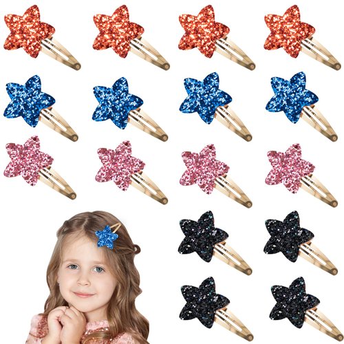 Ambesi 16 Pcs Star Hair Clips Glitter Sequins Hair Clips Set Colorful Hair Pins Hair Accessories for Girls Kids Teens Women Gifts for Independence Day, Black&Rose Gold&Orange&Blue