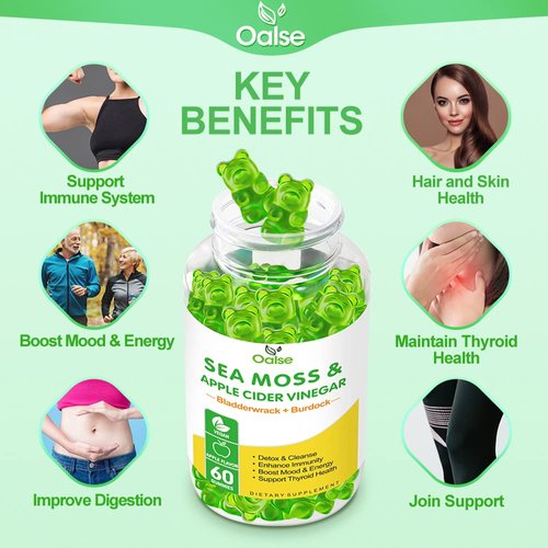 OALSE Organic Sea Moss Gummies - 1800mg Irish Sea Moss + 1200mg Bladderwrack + 240mg Burdock Root + 240mg Apple Cider Vinegar - Supports Immune & Digestion Health [60 Count (Pack of 2)]