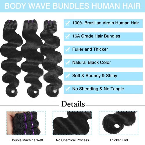 Beautymoon Brazilian Body Wave Human Hair Bundles 16 18 20 Inch 100% Unprocessed Full And Thick Body Wave Bundles Human Hair 16A Grade Raw Virgin Hair Extensions for Women