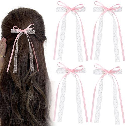 CustomyLife 4pcs Pink Lace Hair Bow Clips Pink White Coquette Snap Barrettes with Long Ribbons Cute Wedding Prom Birthday Halloween Christmas Decorative Accessories for Women Rapunzel