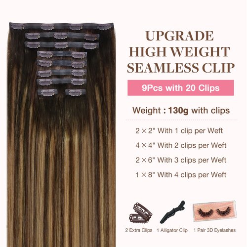 GOO GOO Clip in Hair Extensions Real Human Hair, 16inch 130g 9Pcs, 4/27/4 Balayage Chocolate Brown to Caramel Blonde, Remy Human Hair Extensions Clip ins for Women, Natural Human Hair