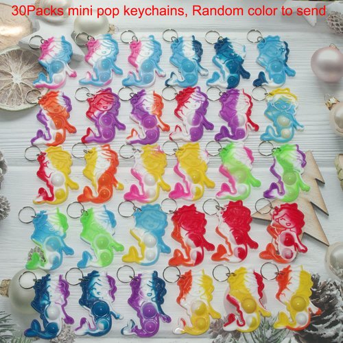 Goodangie00 30 Packs Rainbow Bulk Mermaid Mini Pop Fidget Backpack Keychain Toy for Kids Girls Birthday Party Favors Gift and Classroom Student Prizes