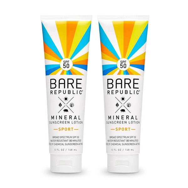 Bare Republic Mineral SPF 50 Sport Sunscreen Lotion. Natural Vanilla Coconut Scented Lightweight and Sheer Sunscreen Lotion, 5 Ounces, 2 Pack