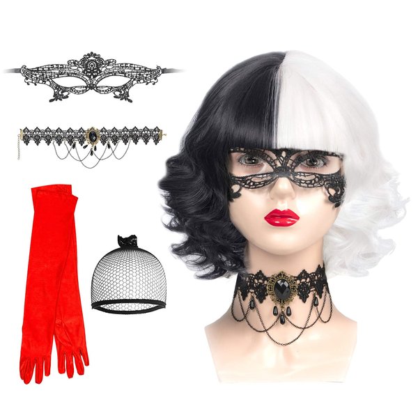 Cruella Deville Black and White Wig for Women Kid, Cruella Costume Wig for Halloween 1920s Party, Heat Resistant Synthetic Wig