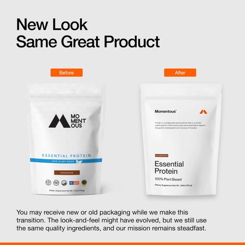 Momentous Essential Plant-Based Pea and Rice Protein Powder, Vegan, Gluten-Free, Non-GMO, NSF Certified, All Day Essential Use Protein Powder for Men and Women (Chocolate, Bag)