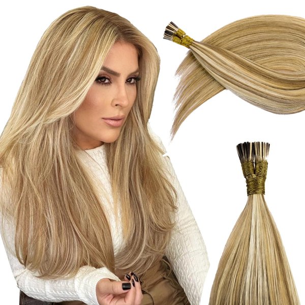 KiiKiiGirl Virgin Remy I Tip Hair Extensions Human Hair #18/613 Dark Blonde Highlighted Bleach Blonde Real Itip Human Hair Extensions 14Inch Pre Bonded I Tips Human Hair Extensions 30G/Pack