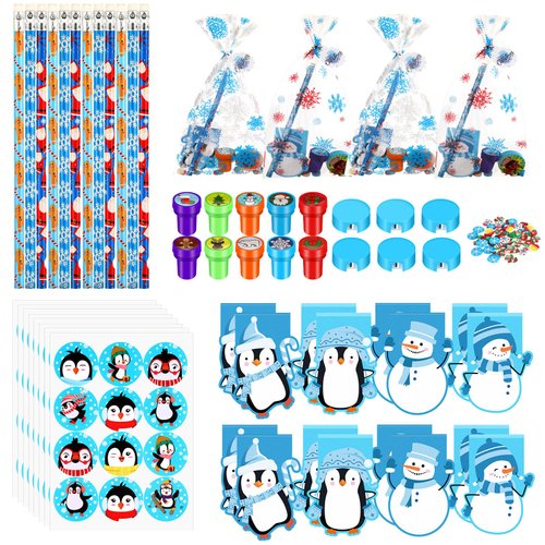 Crtiin 216 Christmas School Stationery Set Xmas Classrooms Exchange Stationery Gifts Kid Prizes Party Favors with Notebooks Pencil Sharpener Eraser Stickers Cards Stamps Treat Bags for Party Supplies