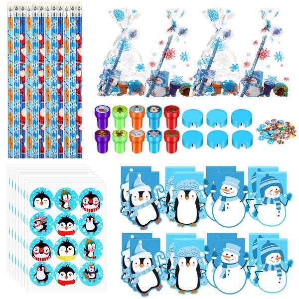 Crtiin 216 Christmas School Stationery Set Xmas Classrooms Exchange Stationery Gifts Kid Prizes Party Favors with Notebooks Pencil Sharpener Eraser Stickers Cards Stamps Treat Bags for Party Supplies