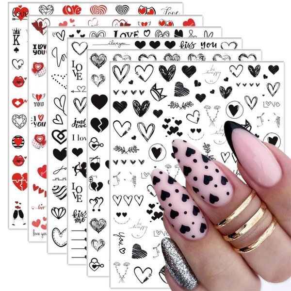 SINSEN Heart Nail Stickers - 6 Sheets Hearts Nail Decals for Women - 3D Self Adhesive Heart Nail Art Stickers - Black Red Heart Love Angel Cupid Nail Designs DIY Valentines Manicure Decorations