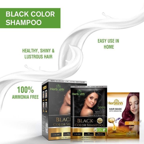 Herbishh Hair Color Shampoo 2 Travel Pack Combo + 1 Pro-Keratin Argan Hair Mask for Deep Conditioning & Hydration 3 in 1 Permanent Hair Dye Shampoo for Grey Hair (Black)