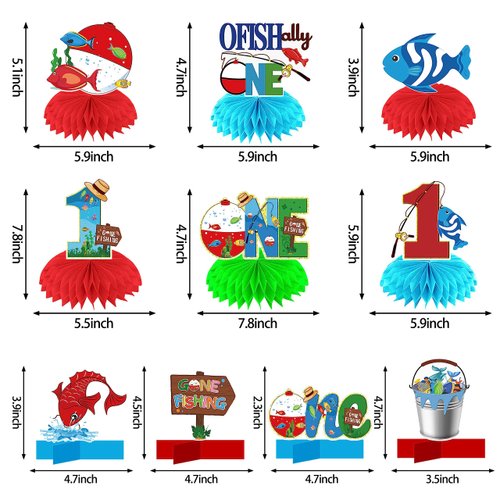 Kuxriox 10Pcs Ofishally One Birthday Decorations Honeycomb Centerpieces for Baby Boy Girl, Gone Fishing 1st Bday Theme Table Centerpieces Party Supplies, Funny One Year Old Fishing Bday Table Toppers