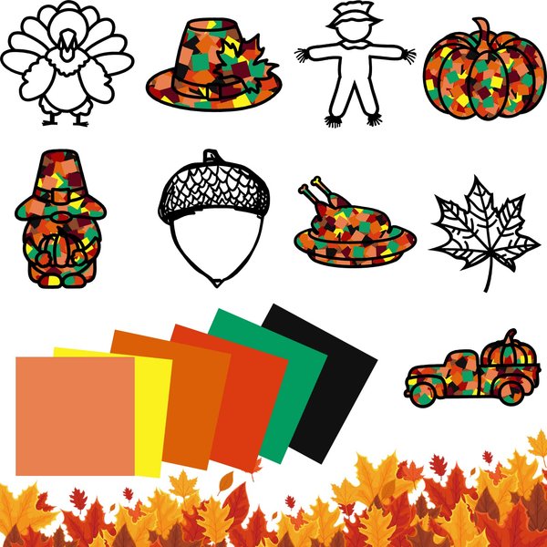Gueevin 18 Sets Thanksgiving Stained Glass Effect Paper Suncatchers Thanksgiving Suncatcher Kit DIY Suncatcher Paper with Tissue Paper and Glue Sticks for Children Window Classroom Arts and Crafts