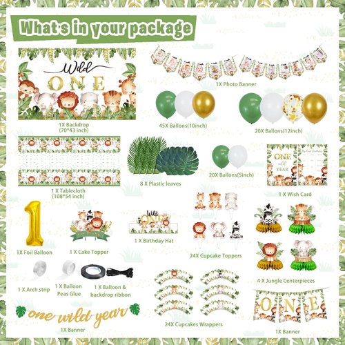 Wild One party Decorations, 150 Pcs Jungle Animal Party Supplies Decor for Boy Girl Birthdays with Banners Cake Topper Cupcake Topper Cupcakes Wrappers Balloons Backdrop Tablecloth Centerpieces