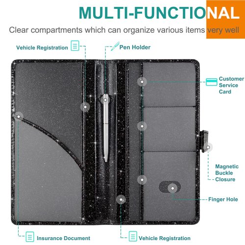 RSAquar Car Registration and Insurance Holder, Vehicle Glove Box Organizer Cool Car Accessories, Car Document Holder for Cards, Driver License & Essential Document, Black Glitter