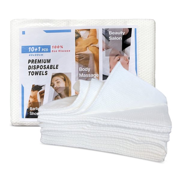 Disposable Towels The Y Production (11 Count/Pack) for Barbershops, Beauty Salons, SPAs, White 100% Ecovyscose, Soft, Thick, Ecofriendly