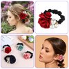 4PCS Korean Fashion Pearl Hair Accessories for Women Girls Christmas, Pearl Hair Scrunchies Ropes Crystal Elastic Hair Ties with Rhinestone and Rose Flower, Sparkly Ponytail Holder Handmade