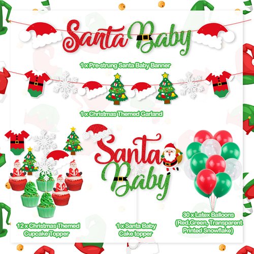 Santa Baby Shower Decorations with Santa Baby Banner Cake Topper K KUMEED Christmas Theme Garland Green Red Snowflake Balloons for Christmas Party Decorations New Year Baby Shower Birthday Party