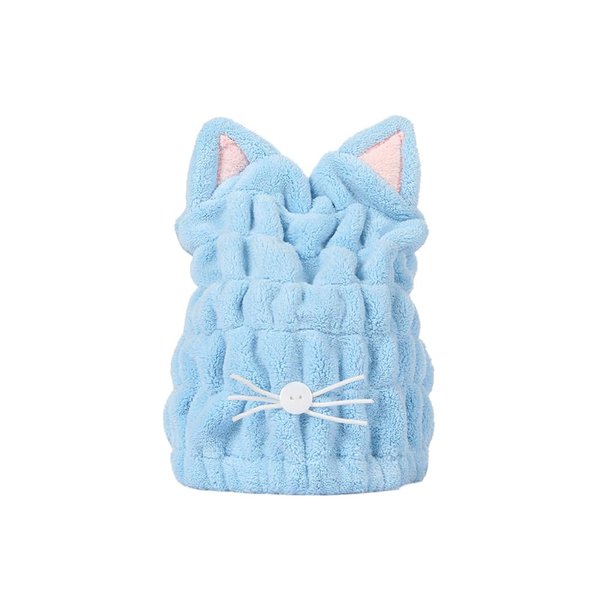 Hair Towel Cap - Cute Cat Bathroom Towel Hat, Coral Velvet Hair Towel Wrap for Women, Blue Hair Drying Towel Cap for Women & Kids, Quick Dry Hair Turban for Curly Long & Wet Hair