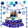 Birthday Decorations Sets-Teal Blue Wavy Tinsel Foil Fringe Curtains with Navy Blue Happy Birthday Banner,Star Hanging Swirls,Honeycomb Balls and Circle Paper Garland for Happy Birthday Decorations