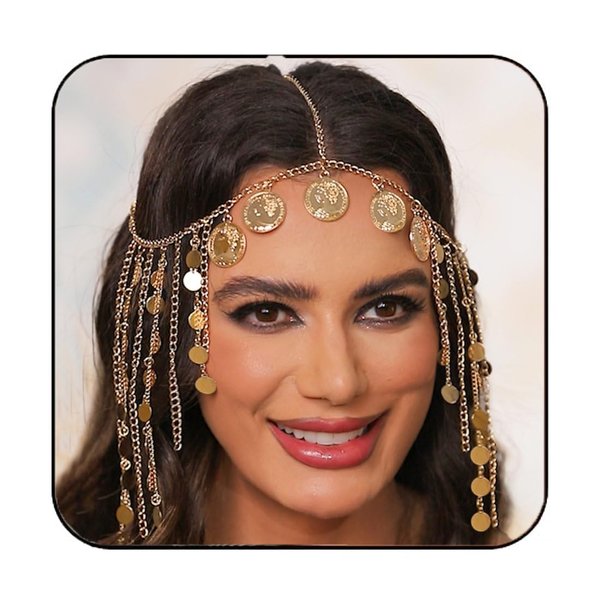 Aukmla Coins Head Chain Jewerly Gold Sequin Tassel Hair Chains Festival Costume Headband Hair Accessories for Women and Girls